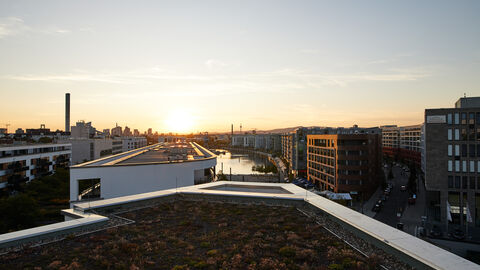 Blick von einem Dach auf die Stadt Frankfurt