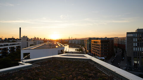 Blick von einem Dach über die Stadt Frankfurt