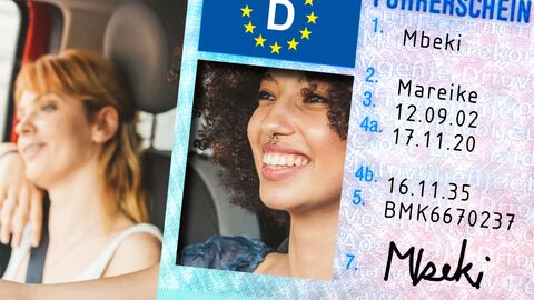 Fotomontage aus zwei Frauen, die in einem Auto sitzen und einem Führerschein