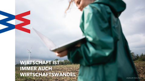 WirtschaftsWandel Hessen Grafik mit einer Frau im grünen Mantel mit Rechner im Feld