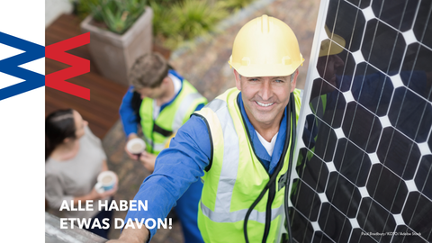 Wirtschaftswandel - nachhaltig. innovativ. krisenfest.  Grafik: Mann mit Helm und Weste vor Solarpanels - Text: alle haben etwas davon