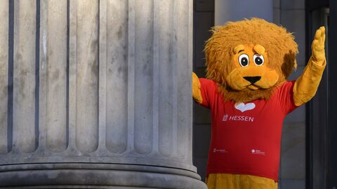 Ein großer Plüschlöwe steht hinter einer Säule