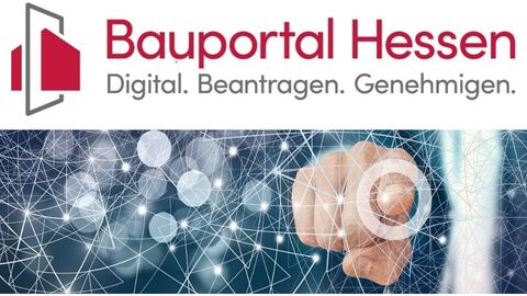 Bauportal Hessen - Einführung digitales Baugenehmigungsverfahren Logo des Bauportals Hessen - ein Finger tippt auf einen transparenten Bildschirm