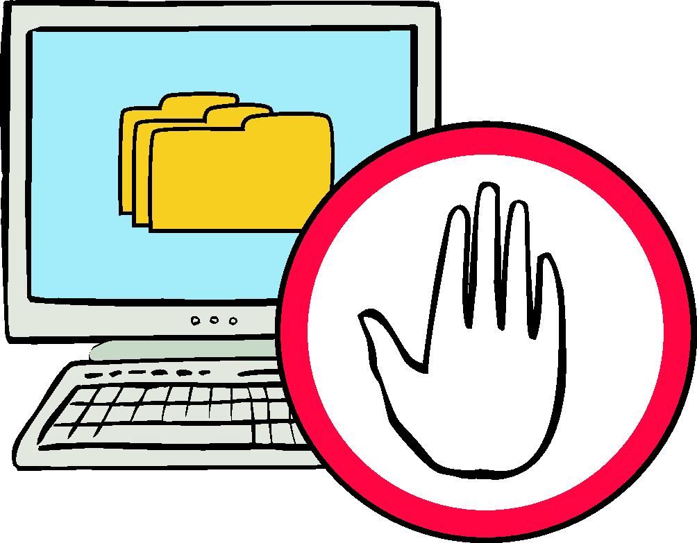 Ein Computer. Davor ein Warn-Schild.