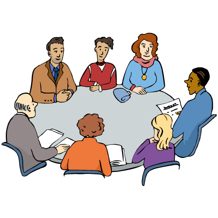 Familienhilfe-4 An einem Besprechungstisch sitzen Menschen vom Jugendamt zusammen mit einer Familie. Wie kann der Familie geholfen werden?